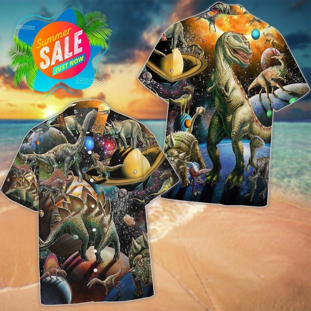 Dinosaur T-Rex Dominate The Galaxy Hawaiian Aloha Shirts L