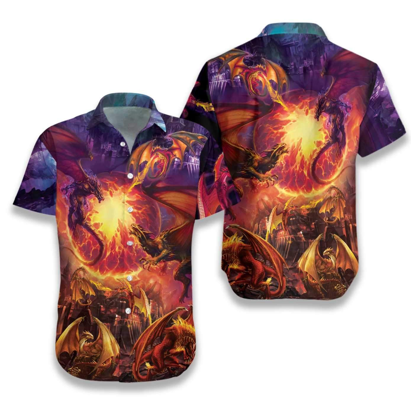 Dragons With Breathing Fire Art Hawaiian Shirt Unisex Adult Hw2169