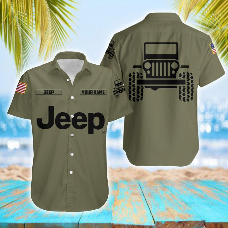Fathers Day Gift Personalized Name Simple Jeep Olive Unisex Hawaiian Shirts