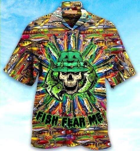 Fishing Skull Fish Fear Me Hawaiian Shirt  Unisex  Adult  Hw2884