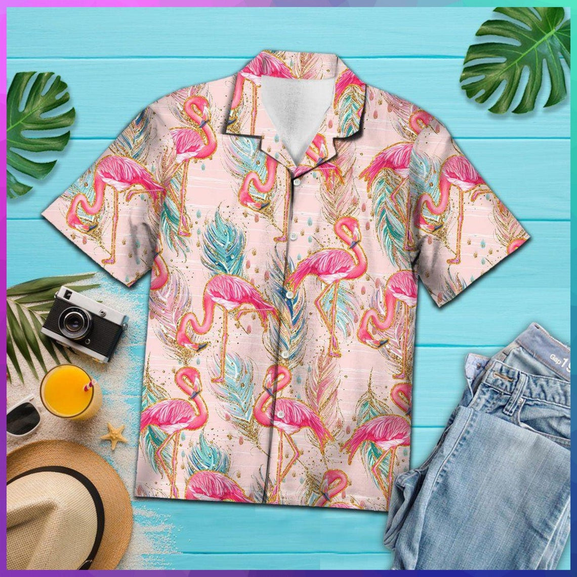 Flamingo Boho Feather Hawaiian Shirt  Unisex  Adult  Hw5176