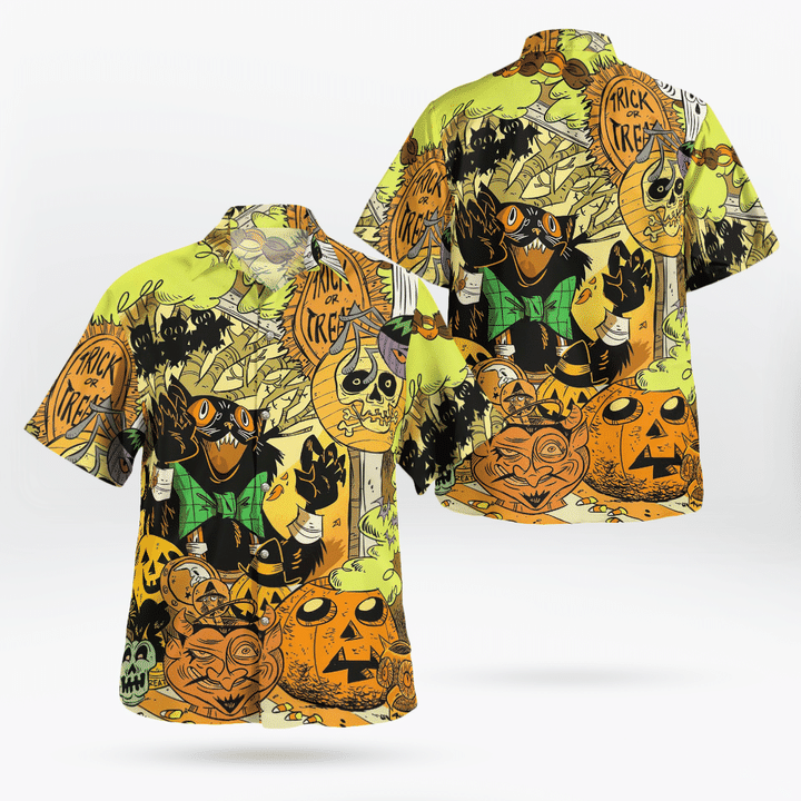 Freaking Room Trick Or Treat Black Cat Pumpkin Spooky Halloween Hawaiian Shirt  For Men _amp Women  Adult  Hw8868