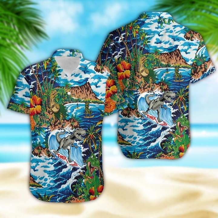Funny Dinosaur Surfing On Tropical Island Hawaiian Shirt Unisex Adult Hw4133