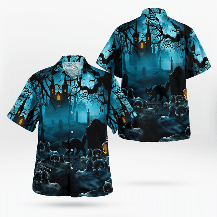 Gloomy Night Haunted Castle Black Cat Scary Halloween Spooky Hawaiian Shirt  For Men _amp Women  Adult  Hw9035