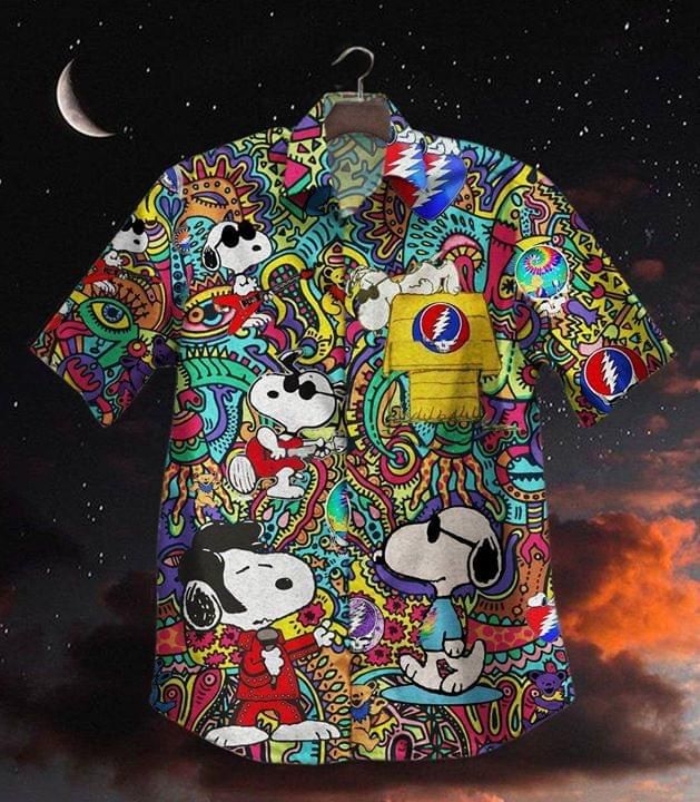 Grateful Dead Snoopy Peanuts Print Short Sleeve Hawaiian Casual Shirt