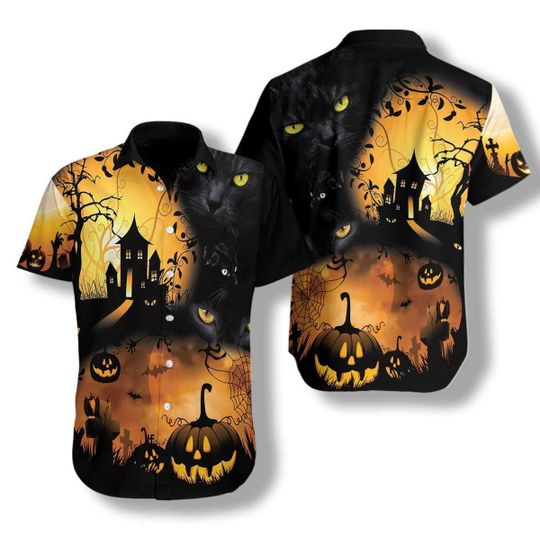 Halloween Night With Black Cat Hawaiian Shirt  For Men _amp Women  Adult  Hw8908