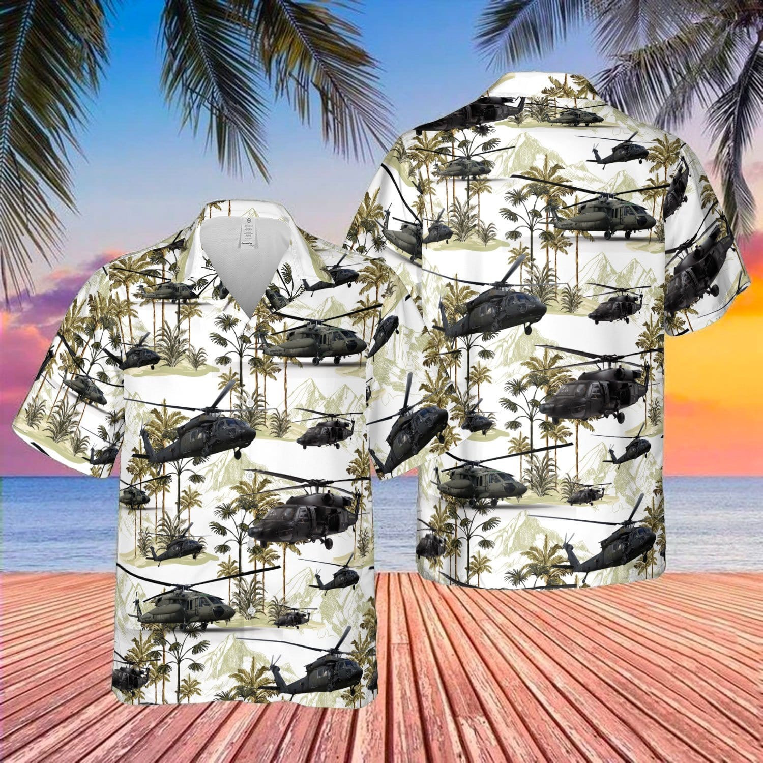 Hawaiian Aloha Shirts - Beach Shorts Us Army Uh-60 Black Hawk Tropical 12721H