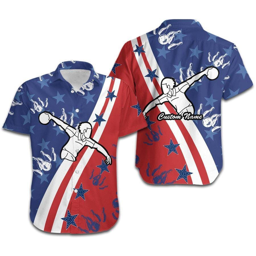 Hawaiian Aloha Shirts Bowling Player American Flag Custom Name