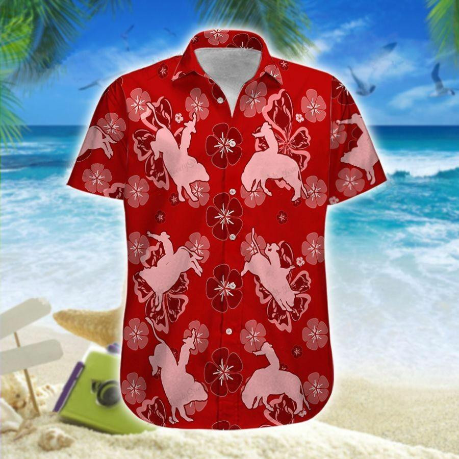 Hawaiian Aloha Shirts Bull Riding Red Flowers