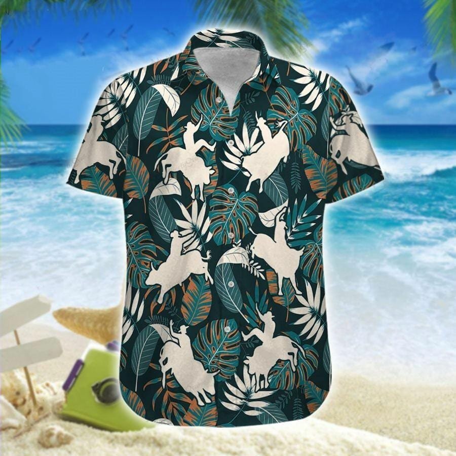Hawaiian Aloha Shirts Bull Riding White Tropical Leaves