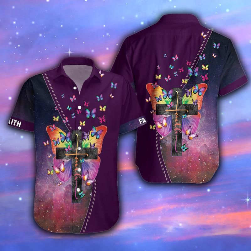 Hawaiian Aloha Shirts Faith Cross Butterflies 120521L
