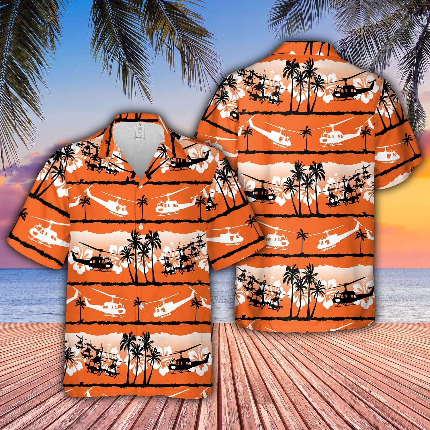 Hawaiian Aloha Shirts Helicopter Huey Sunset 6821V