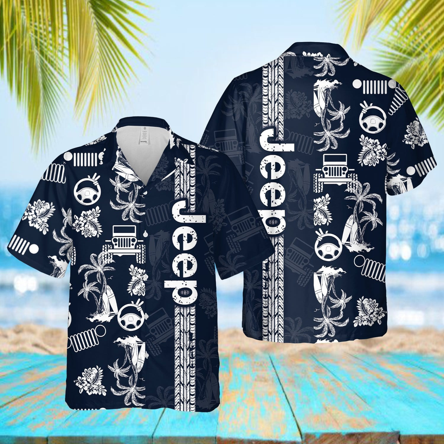 Hawaiian Aloha Shirts Jeep Black And White Palm 5821V