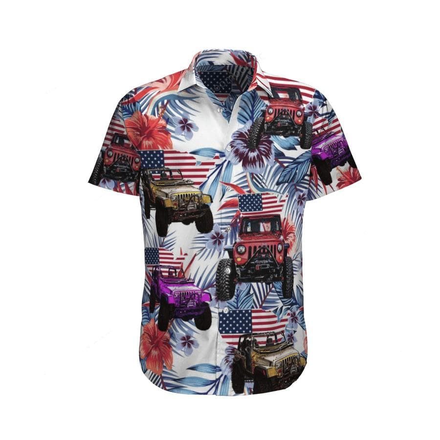 Hawaiian Aloha Shirts Jeep Red White Blue Flag