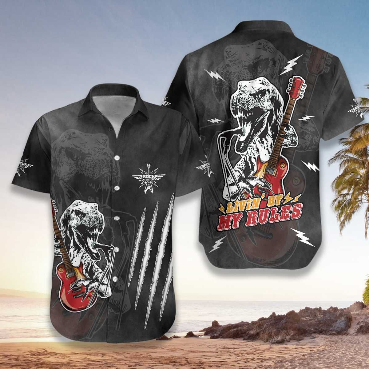 Hawaiian Aloha Shirts T-Rex Rock Guitar Living By My Rule