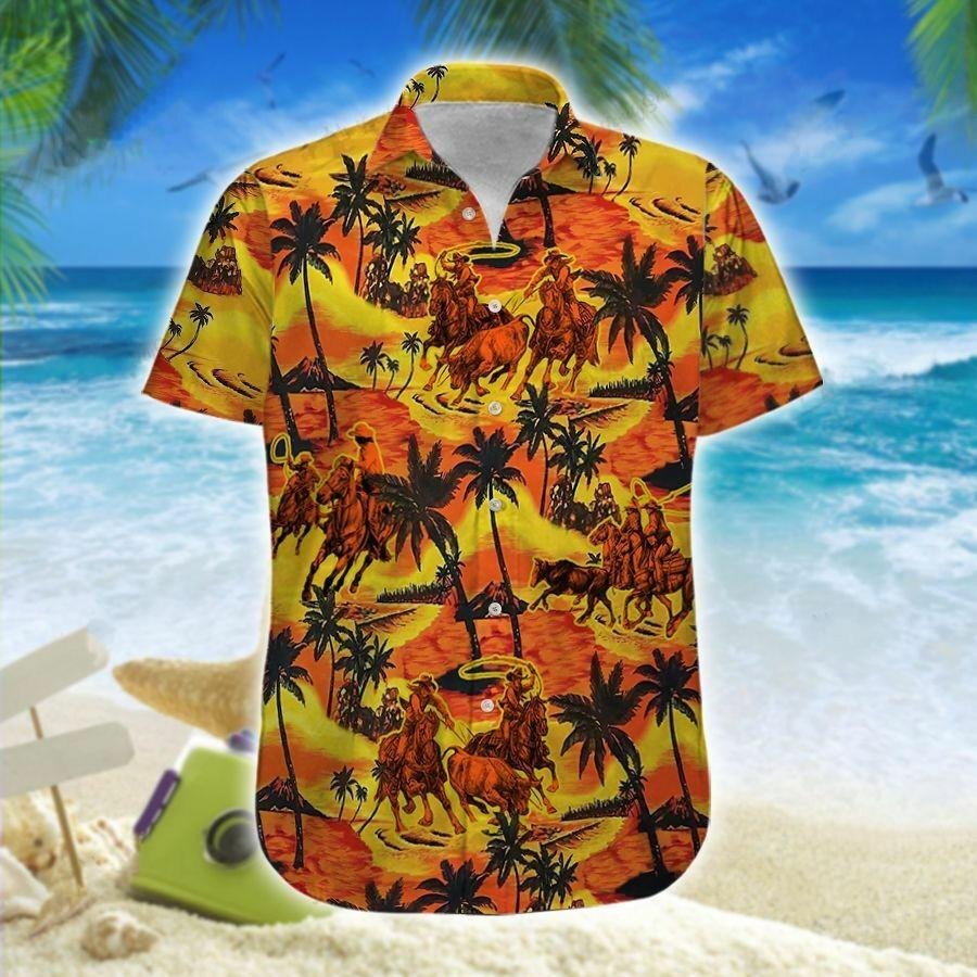Hawaiian Aloha Shirts Team Roping Palm Tree Island
