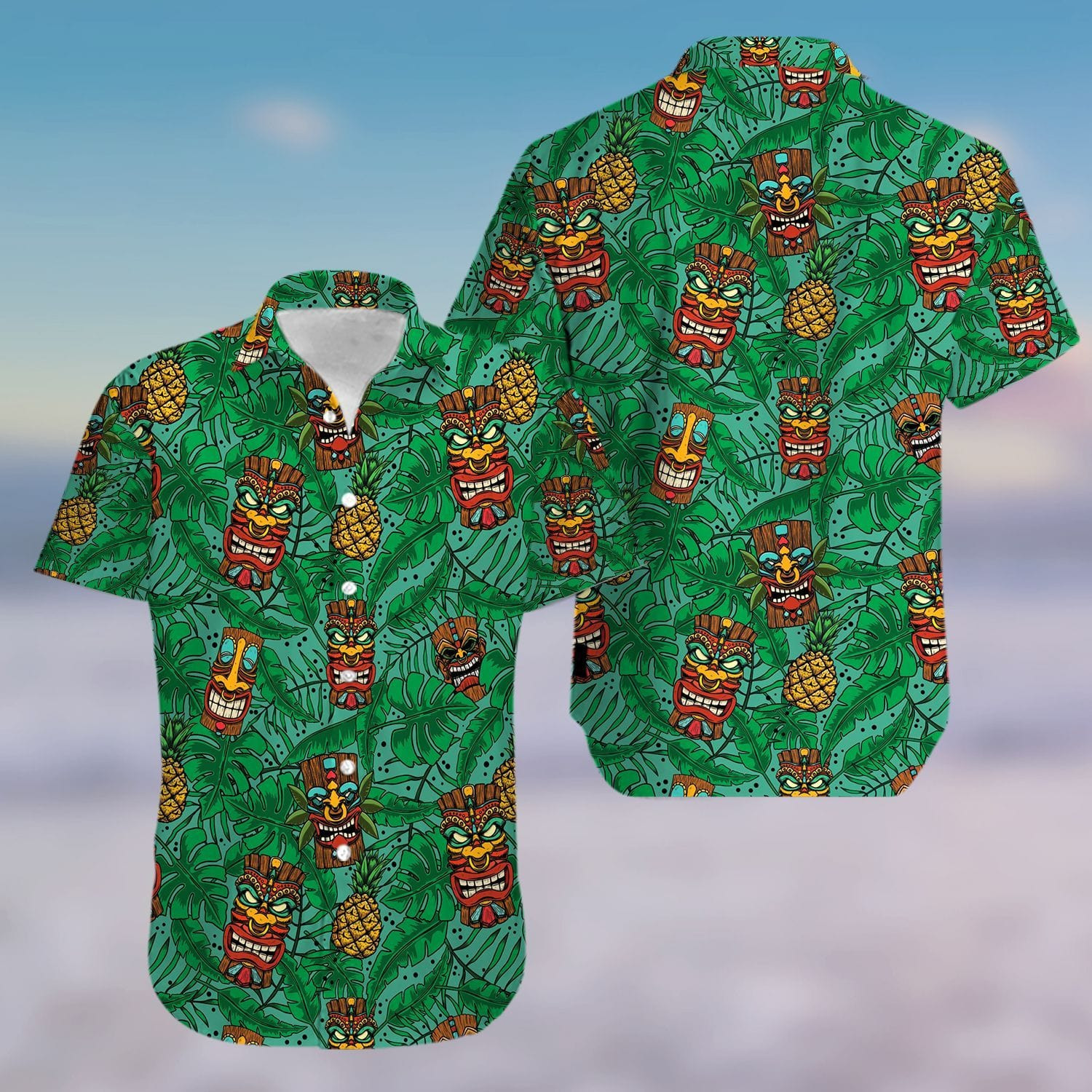 Hawaiian Aloha Shirts Tiki And Pineapple  2704Kv
