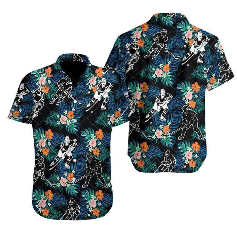 Hockey Player Black Tropical Hibiscus Hawaiian Shirt  Unisex  Adult  Hw2173