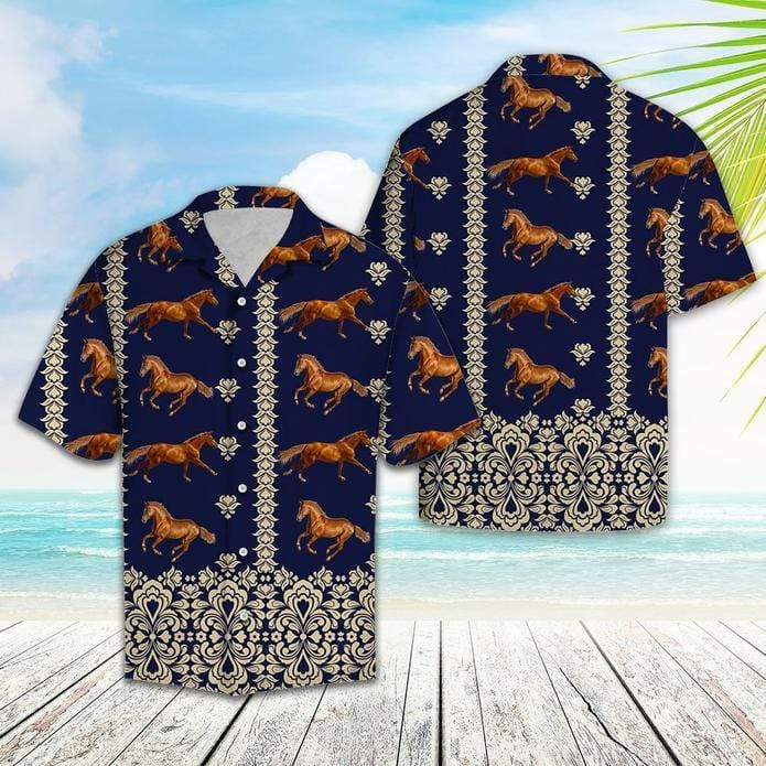 Horse Pattern Navy Hawaiian Shirts H