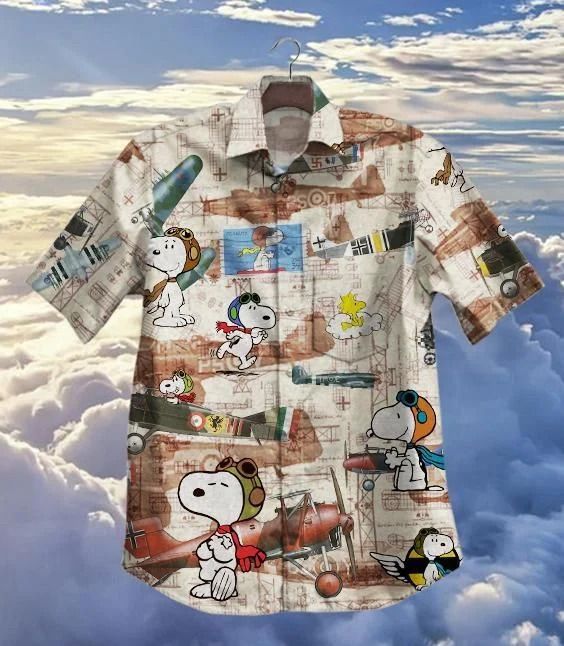 Hot Plane And Snoopy Vintage Hawaiian Graphic Print Short Sleeve Hawaiian Casual Shirt