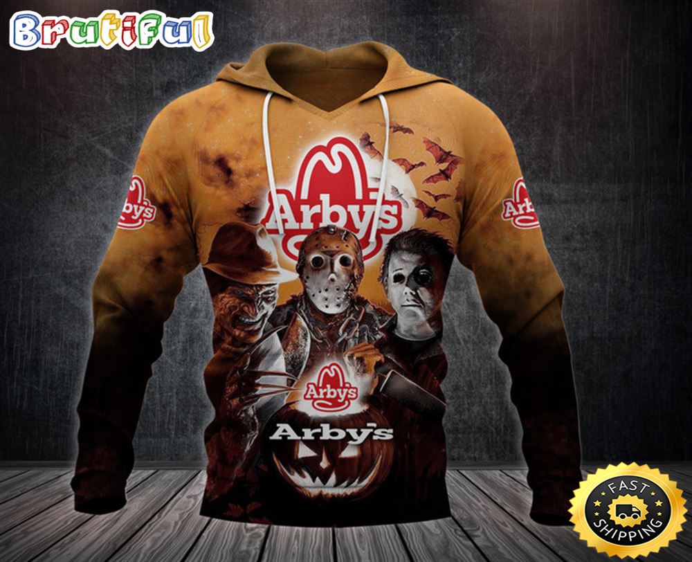 Arby_s Logo With Michael Myers and Freddy Krueger and Jason Voorhees Pumpkin Halloween All Over Print Hoodie