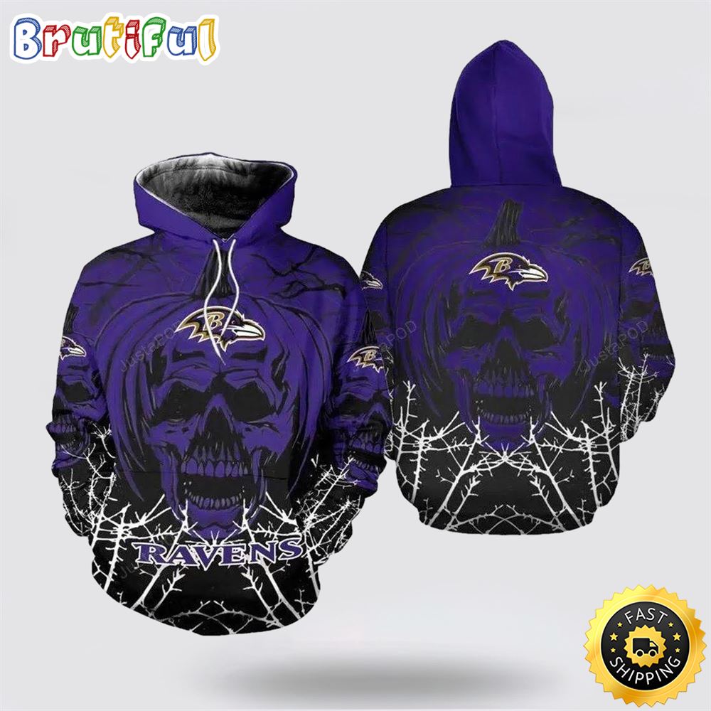 Baltimore Ravens Halloween Pumpkin Skull Print 3D Hoodie Zip Hoodie