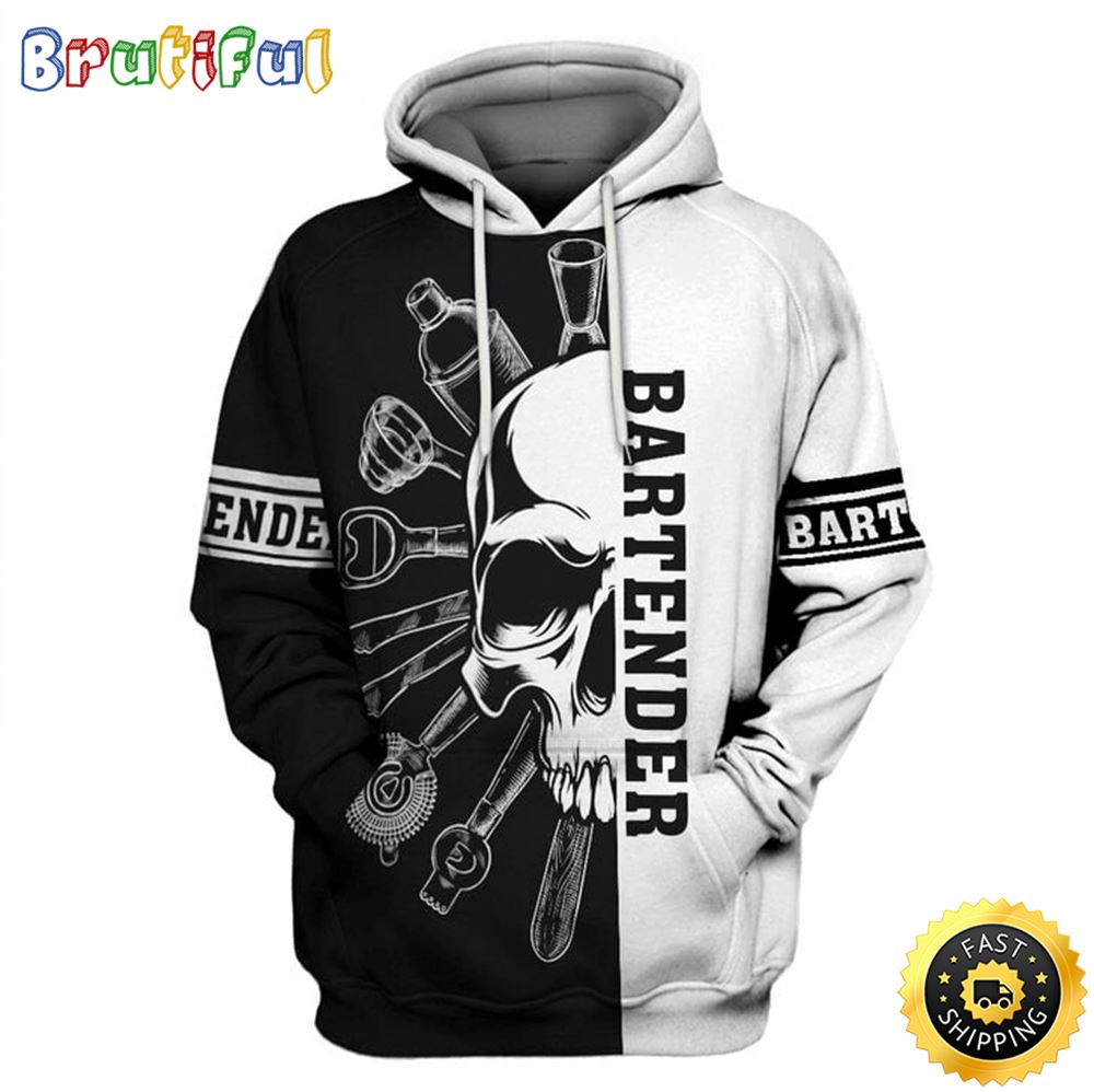 Bartender Hoodie Bartender Tools Items Skull Black White Hoodie