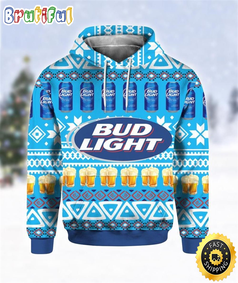 Beer Hoodie Bud Light Beer Cups And Cans Pattern Blue Hoodie For Fan Women Men