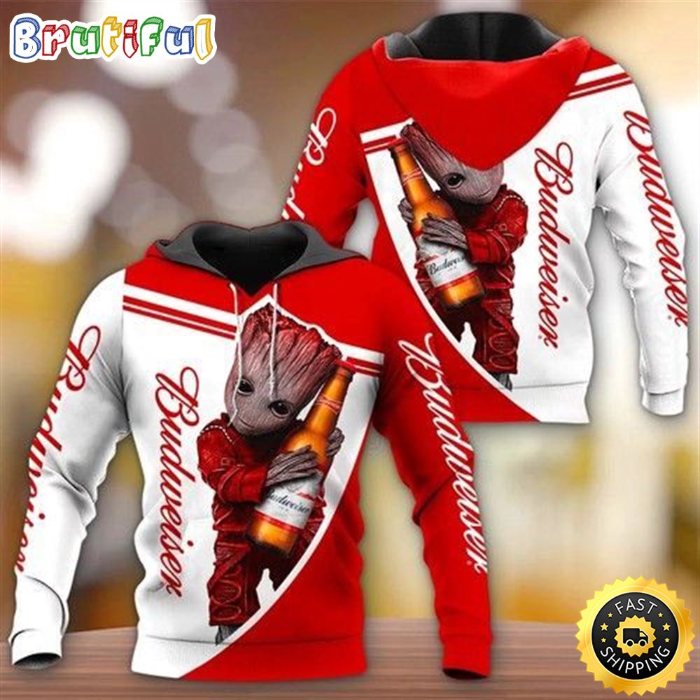 Beer Hoodie Groot Baby Hugging Budweiser Beer Bottle Red White Hoodie