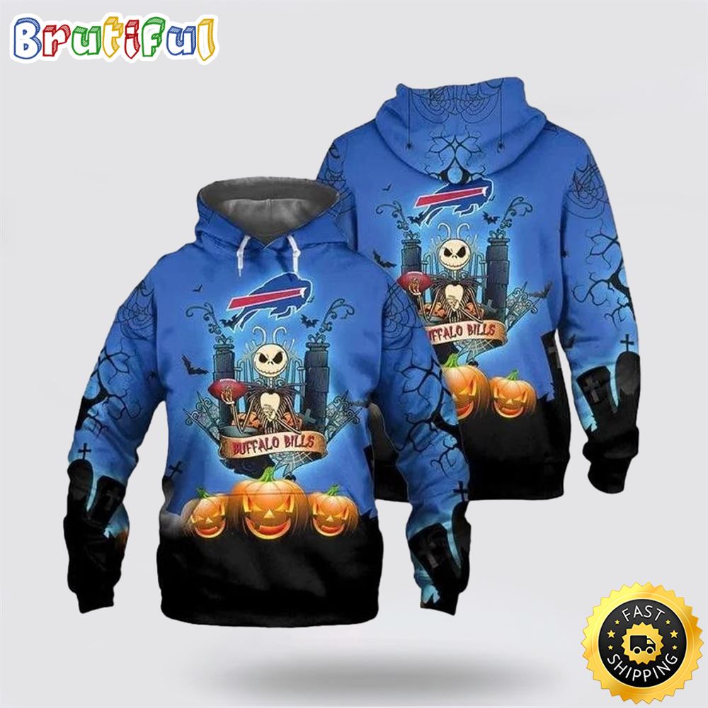 Buffalo Bills Jack Skellington Halloween Blue Background 3D Hoodie All Over Print