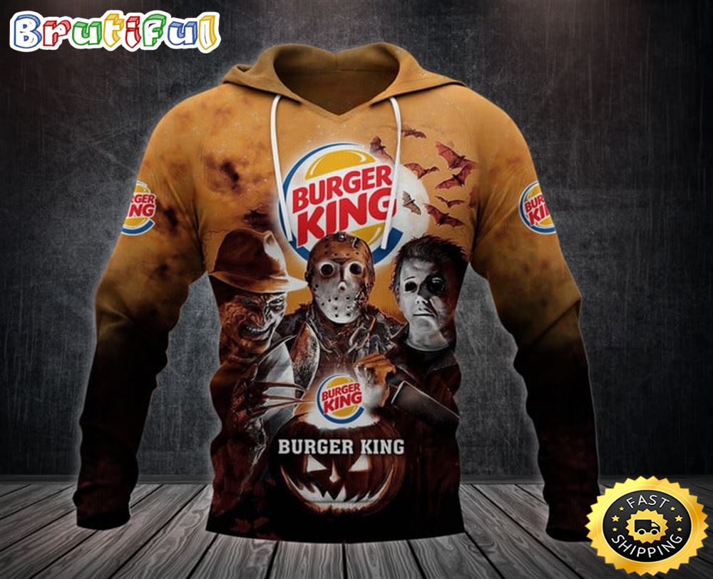 Burger King Logo With Michael Myers and Freddy Krueger and Jason Voorhees Pumpkin Halloween All Over Print Hoodie