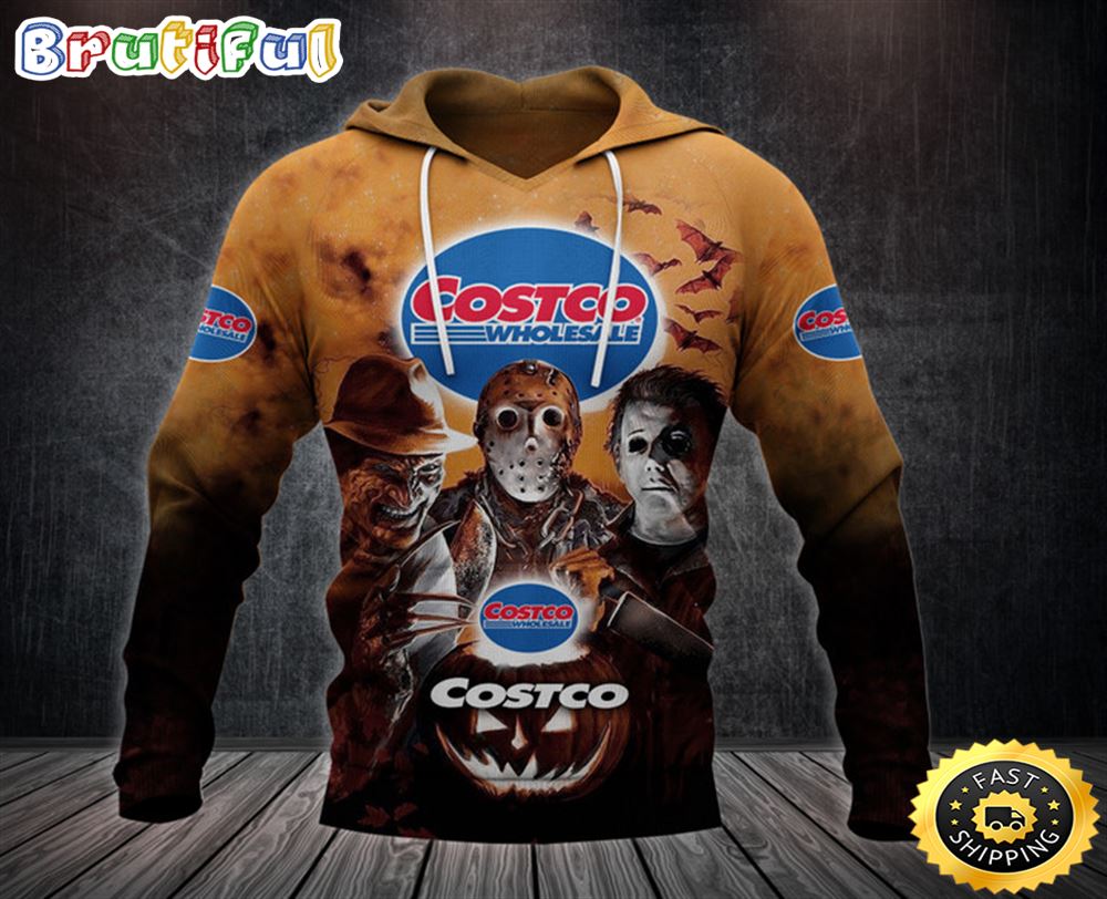 Costco Wholesale Logo With Michael Myers and Freddy Krueger and Jason Voorhees Pumpkin Halloween All Over Print Hoodie