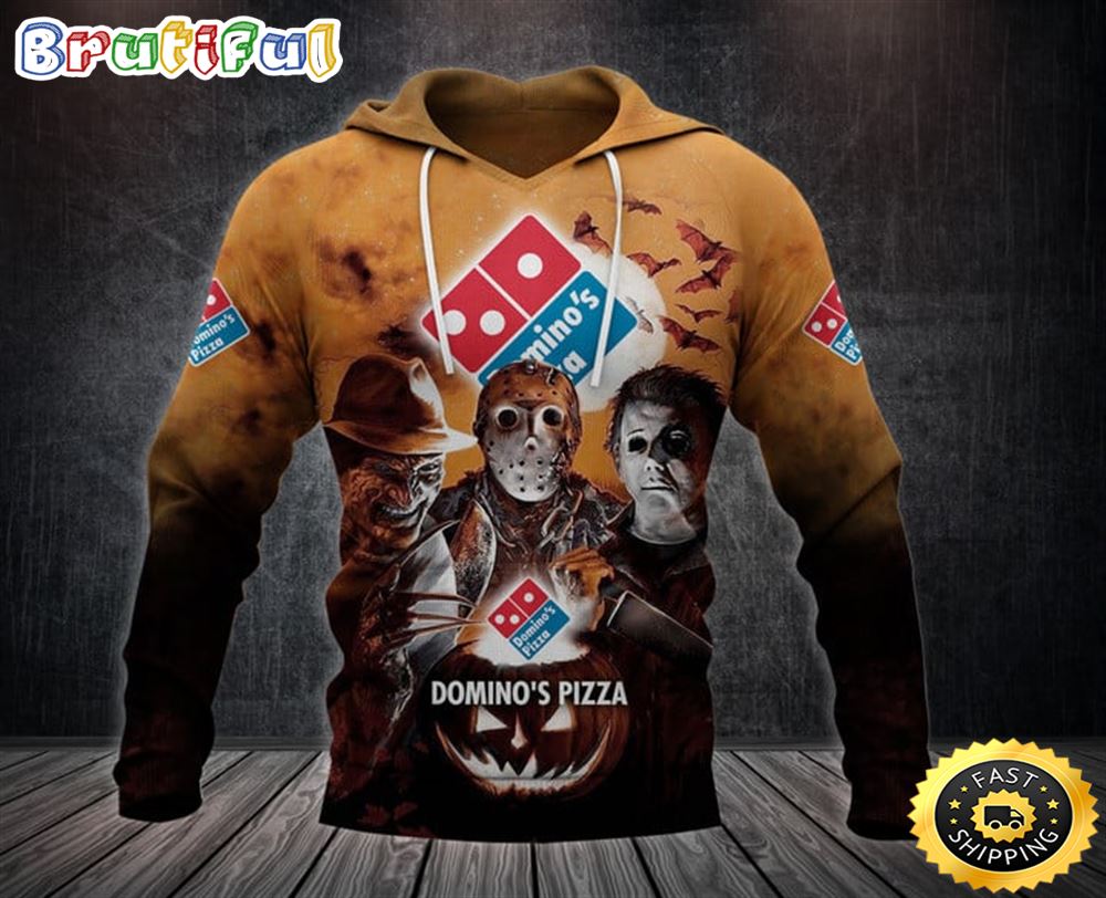 Domino_s Pizza With Michael Myers and Freddy Krueger and Jason Voorhees Pumpkin Halloween All Over Print Hoodie