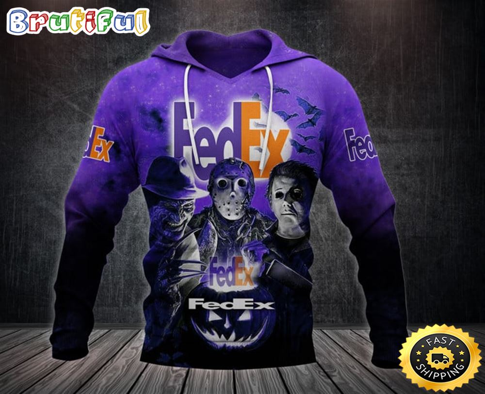 Fedex With Michael Myers and Freddy Krueger and Jason Voorhees Pumpkin Halloween All Over Print Hoodie