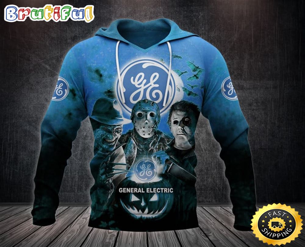 General Electric With Michael Myers and Freddy Krueger and Jason Voorhees Pumpkin Halloween All Over Print Hoodie
