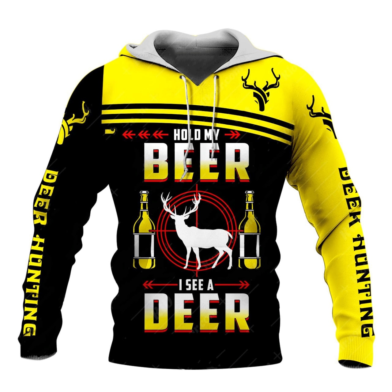 Gifury Beer And Hunting Hoodie Hold My Beer I See A Deer Hunting Black Yellow Hoodie Beer Hunting