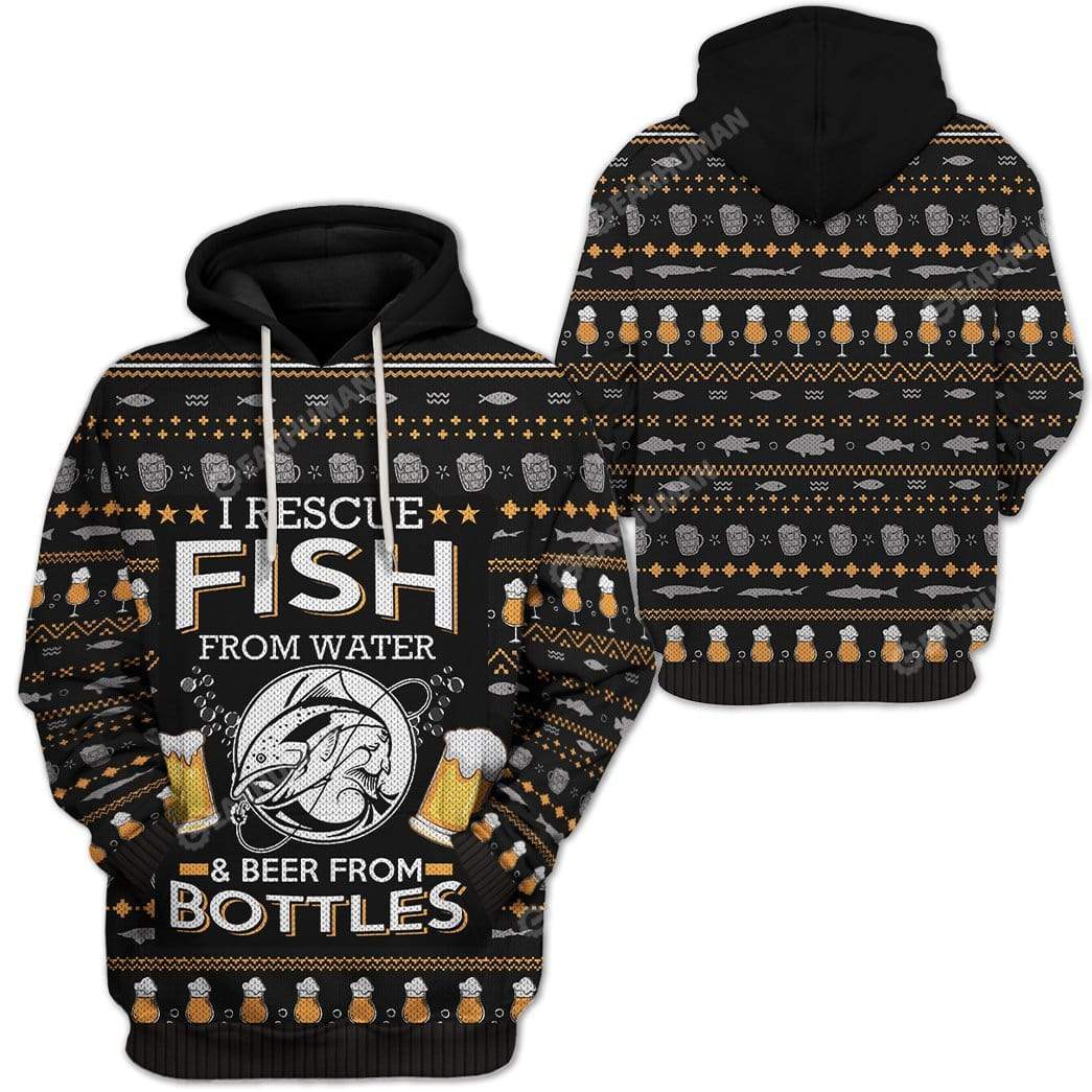 Gifury Fishing Beer I Rescue Fish From Water And Beer From Bottle Beer Pattern Black Fishing Hoodie Fishing