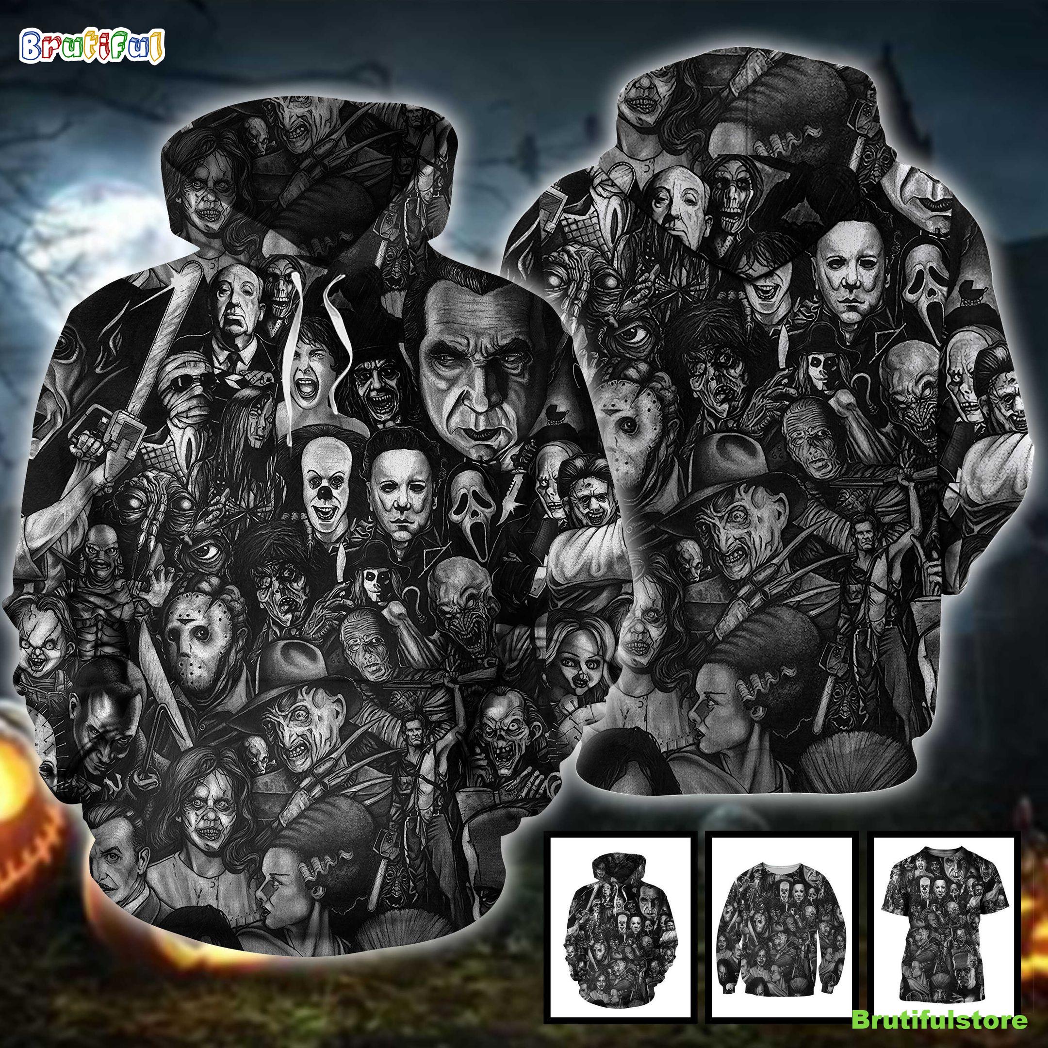 Horror Movies Characters Full Print Black _ White Sketch Halloween All Over Print 3D Shirt