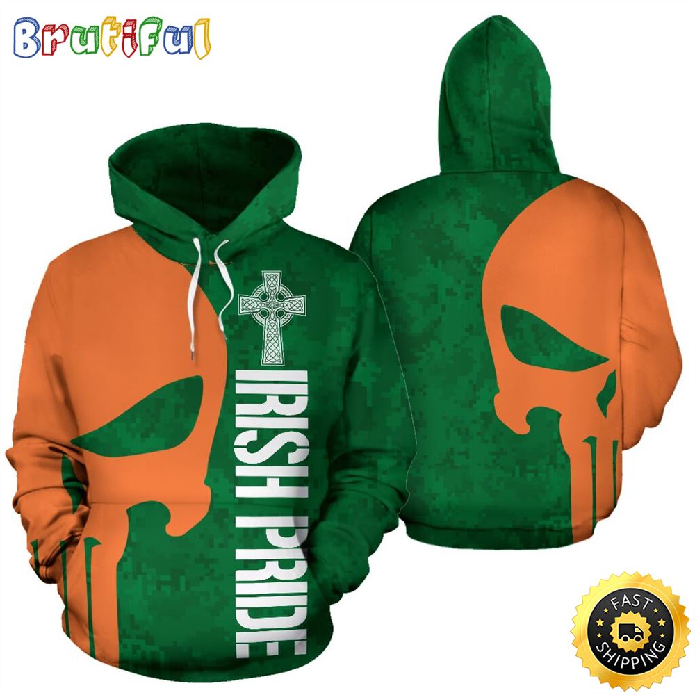 Irish Pride Skull Orange Full Hoodie St.Patricks Day All Over Print Shirt
