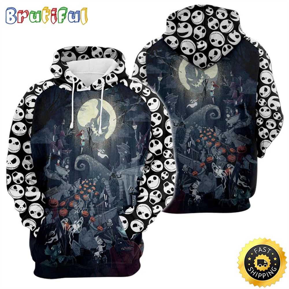 Jack Skellington And Sally Spooky Night 3D Hoodie All Over Print Shirts