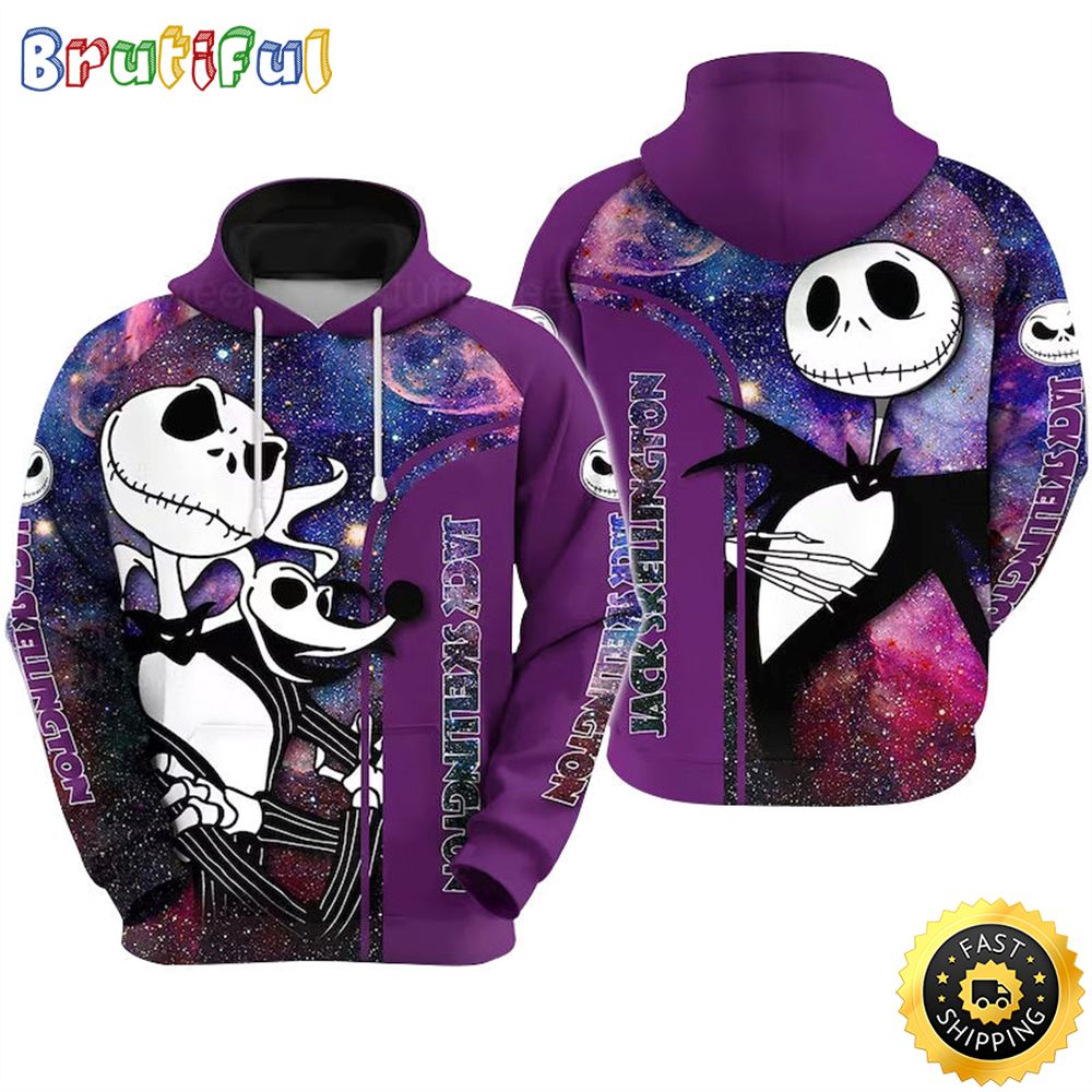 Jack Skellington And Zero Purple Galaxy 3D Hoodie All Over Print Shirts