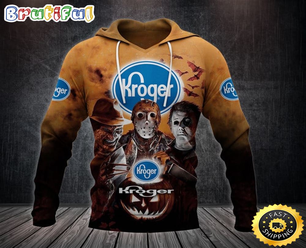 Kroger Logo With Michael Myers and Freddy Krueger and Jason Voorhees Pumpkin Halloween All Over Print Hoodie