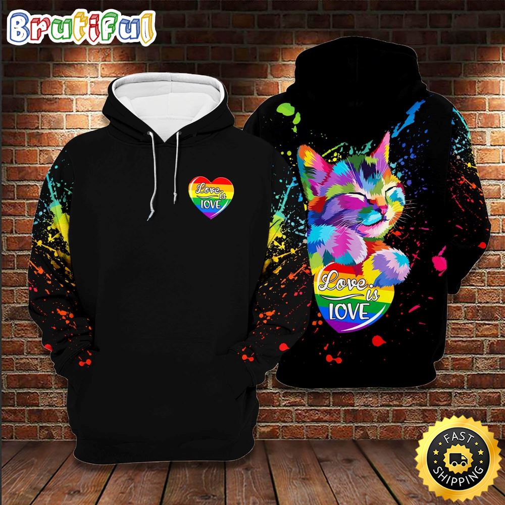 LGBT Cat Splatter Rainbow Watercolor Cat Love Is Love Hoodie 3D All Over Print Shirt