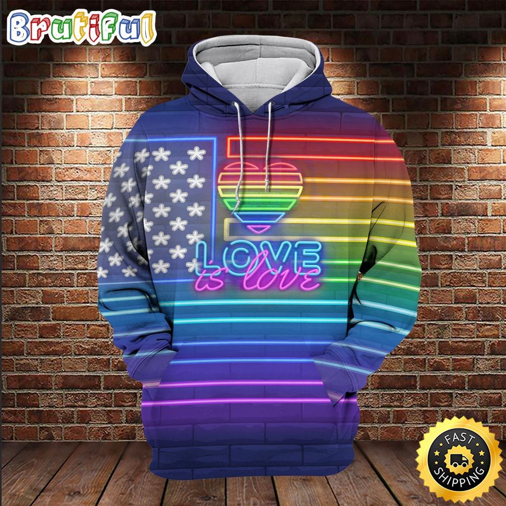 LGBT Neon Rainbow Lights Love Is Love Hoodie 3D All Over Print Shirt