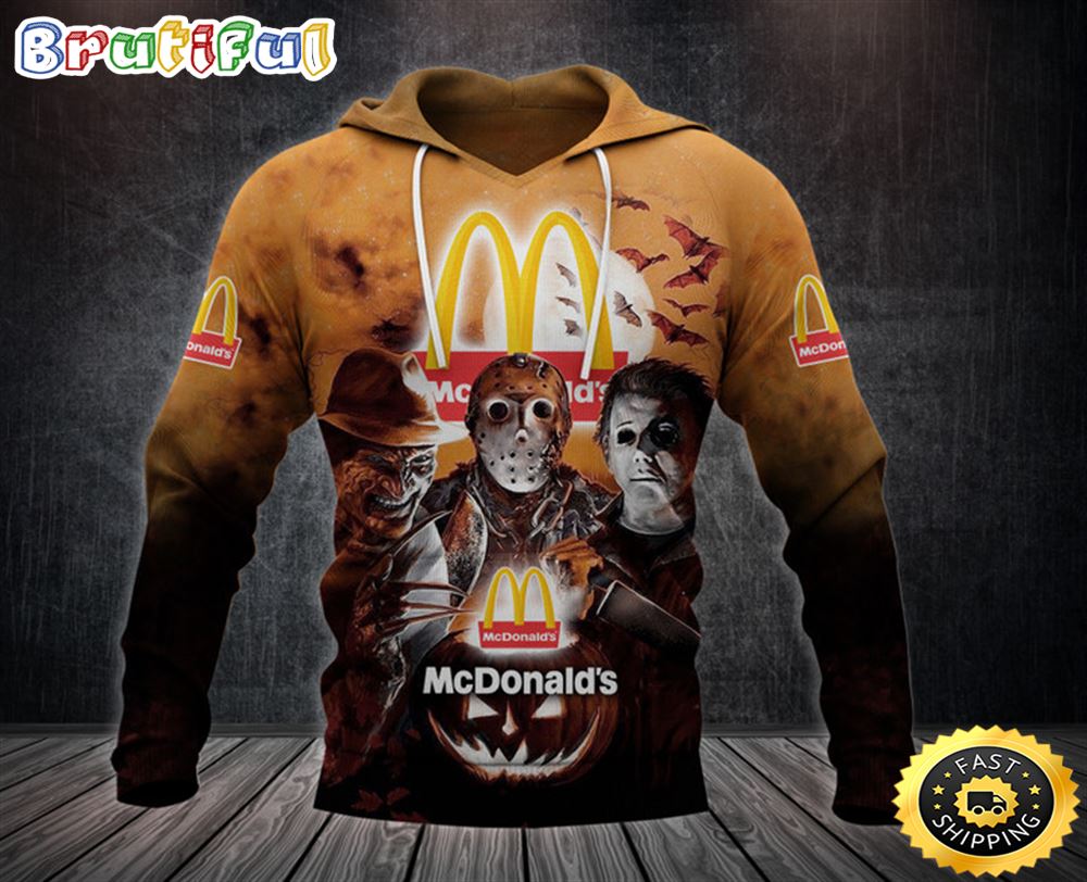 McDonald_s Logo With Michael Myers and Freddy Krueger and Jason Voorhees Pumpkin Halloween All Over Print Hoodie