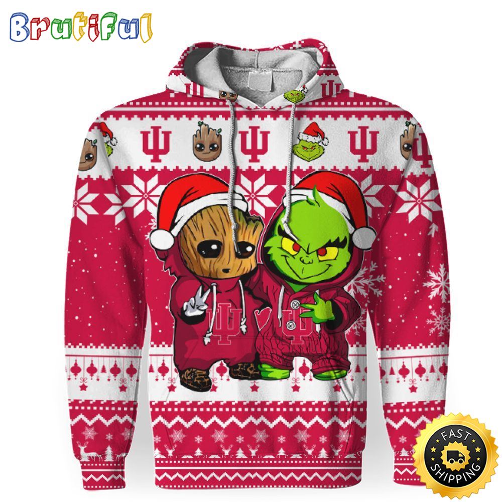 NCAA Indiana Hoosiers Baby Groot And Grinch Christmas Football Christmas Hoodie All Over Print Shirt