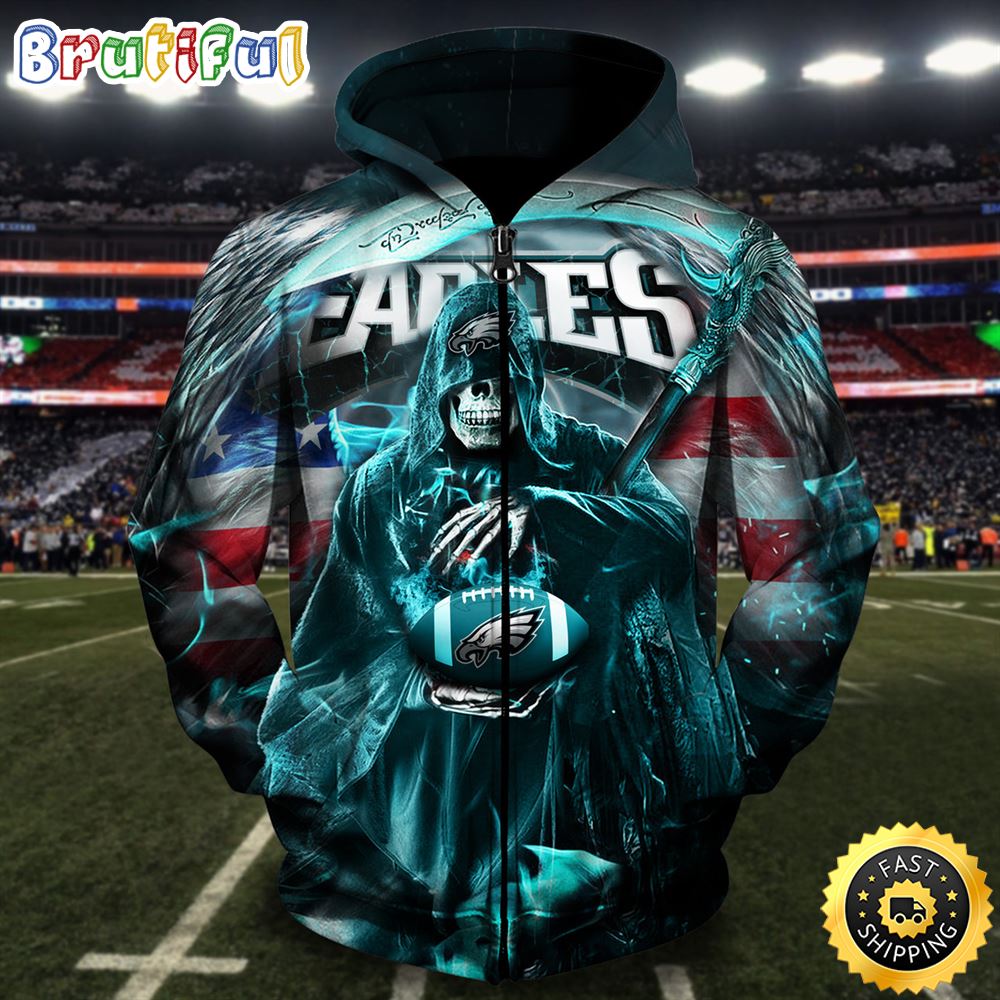 NFL Eagles Logo _ Death Holding Football 3D Hoodie All Over Print Shirt