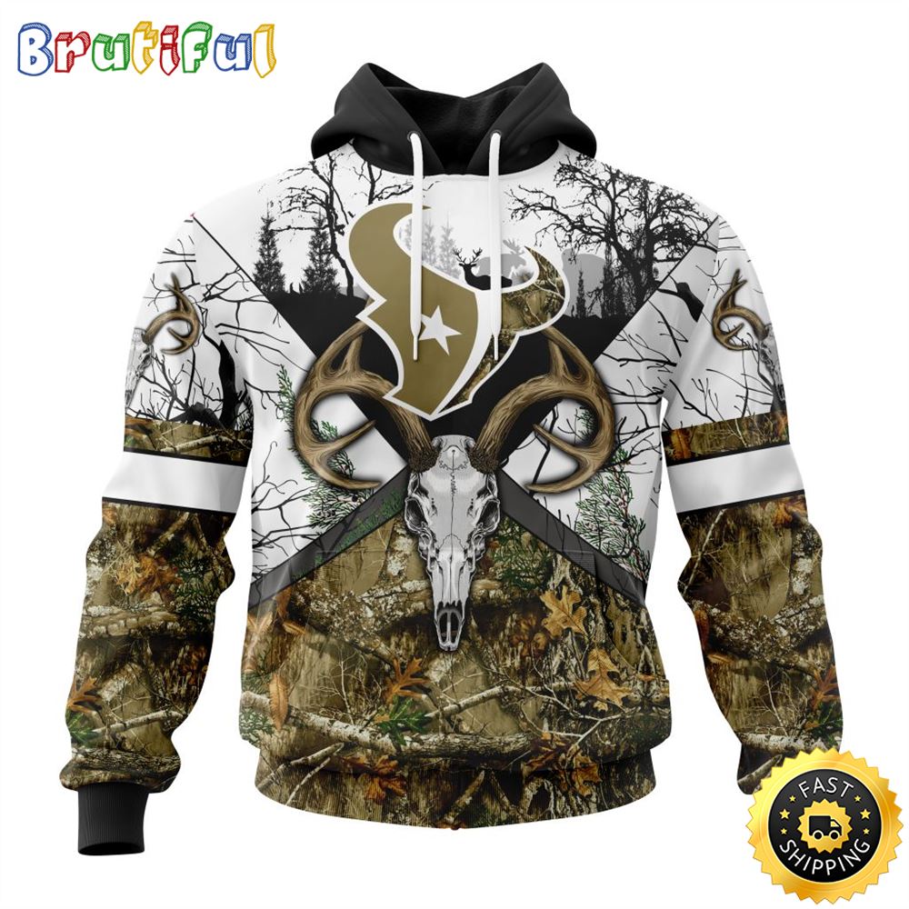 NFL Houston Texans 3D Hoodie All Over Print Deer Skull And Forest Pattern Custom Name And Number Hoodie