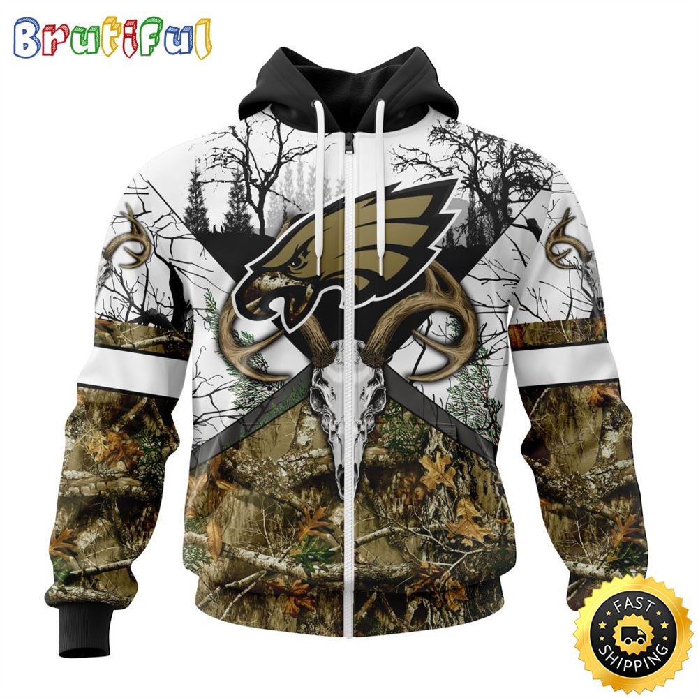 NFL Philadelphia Eagles Zip Hoodie 3D All Over Print Deer Skull And Forest Pattern Custom Name And Number Hoodie