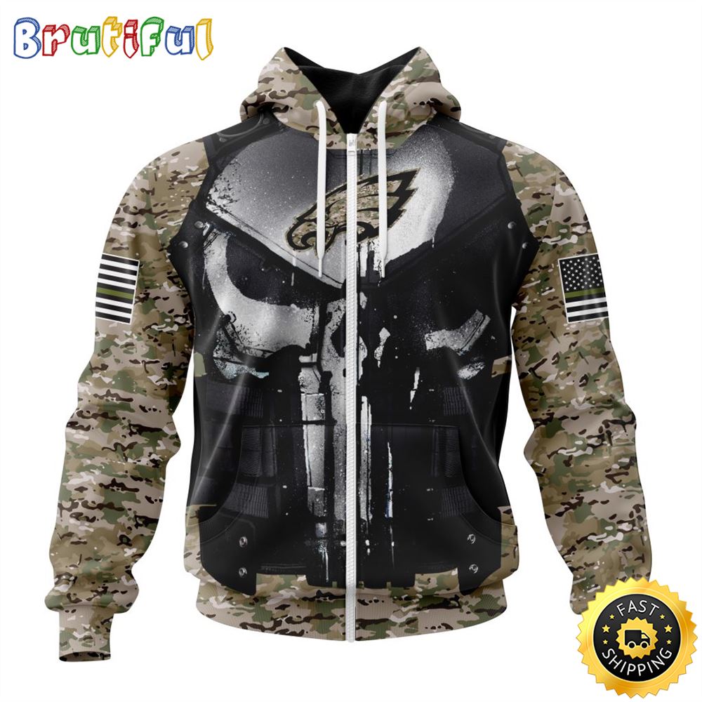 NFL Philadelphia Eagles Zip Hoodie 3D All Over Print Punisher Skull Camo Veteran Kits Custom Name And Number Hoodie